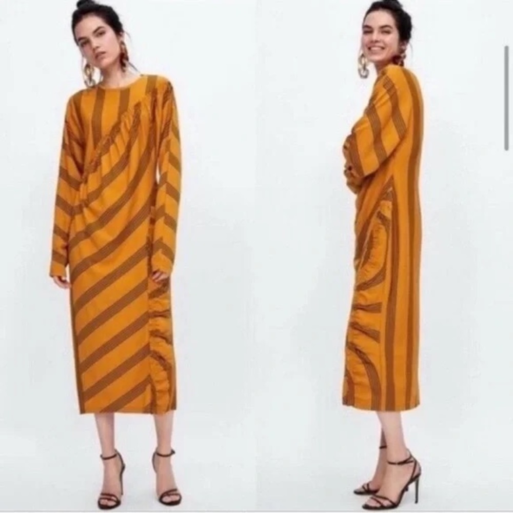 Zara Mustard and Brown Striped Midi Dress